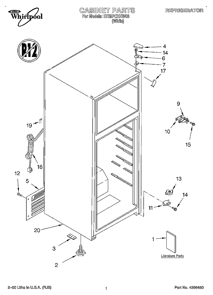 CABINET, LITERATURE Diagram and Parts List for ET09PCXHW00  Whirlpool Refrigerator