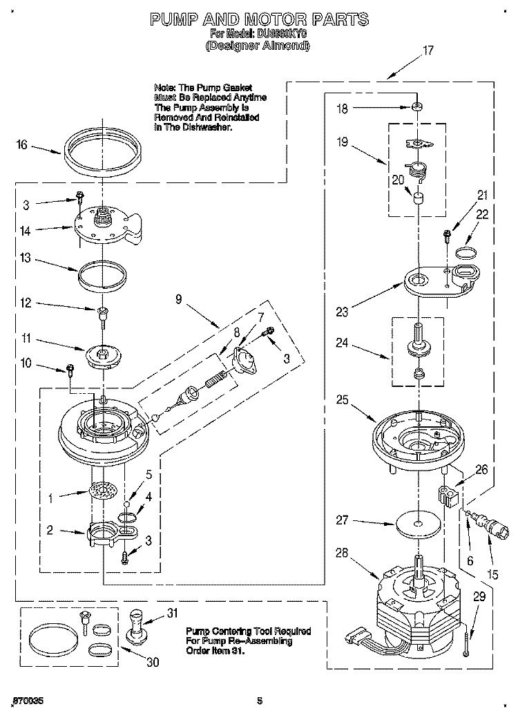 PUMP AND MOTOR Diagram and Parts List for DU8960XY0  Whirlpool Dishwasher