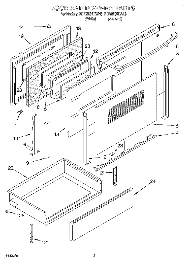 DOOR AND DRAWER Diagram and Parts List for KERC607EAL5  KitchenAid Range