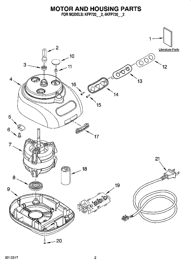 MOTOR AND HOUSING PARTS Diagram and Parts List for 4KFP720WH2  KitchenAid Food Processor