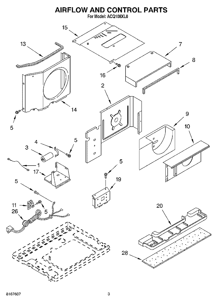 AIR FLOW AND CONTROL Diagram and Parts List for ACQ108XL0  Whirlpool Air Conditioner