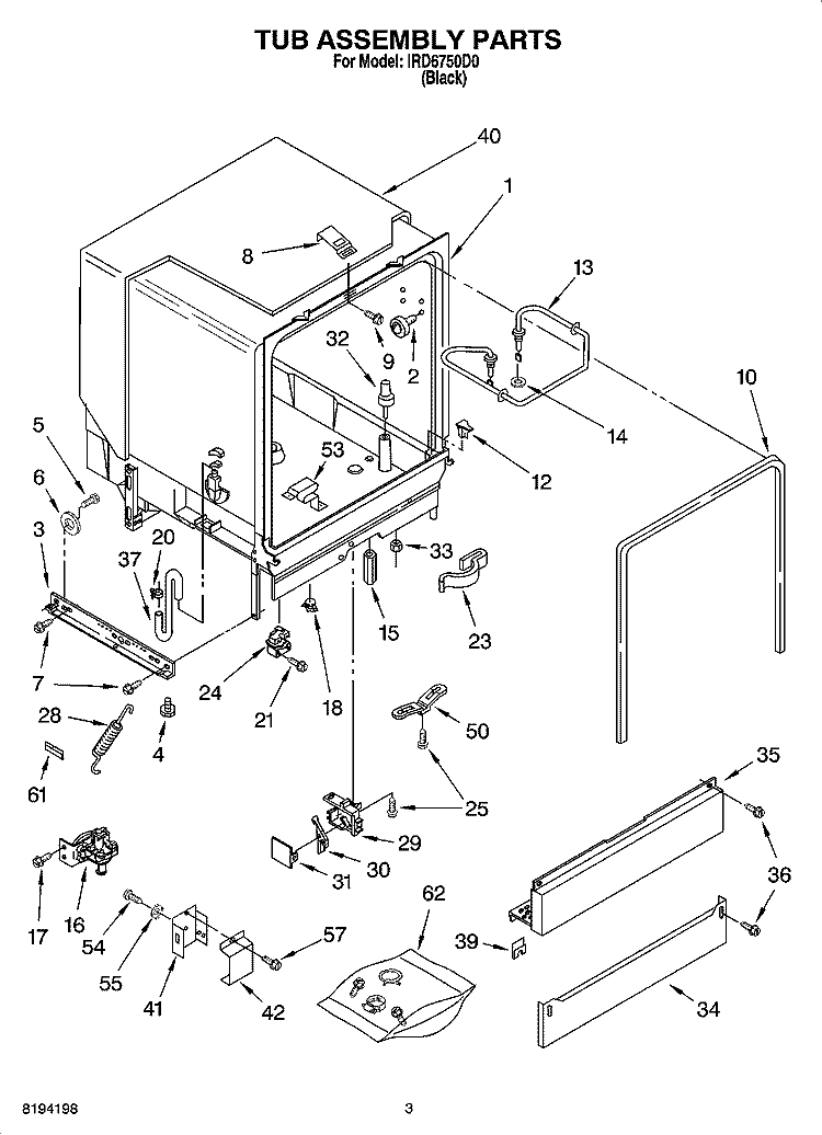 TUB ASSEMBLY PARTS Diagram and Parts List for IRD6750D0  Inglis Dishwasher