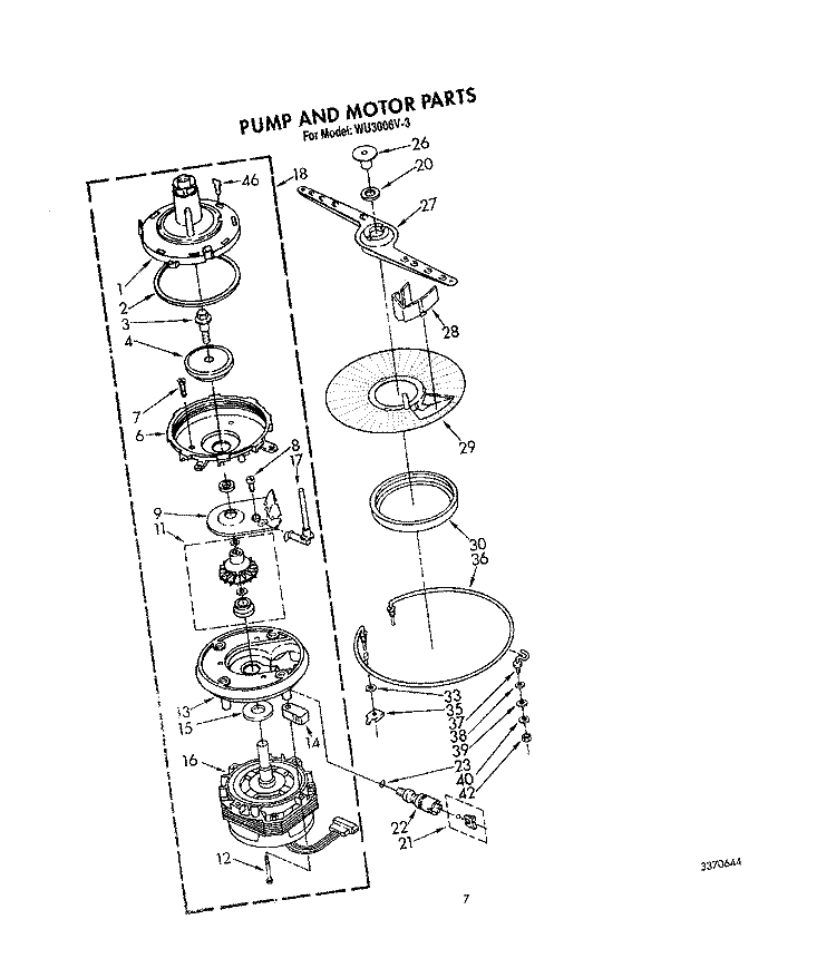PUMP AND MOTOR Diagram and Parts List for WU3006V3  Roper Dishwasher
