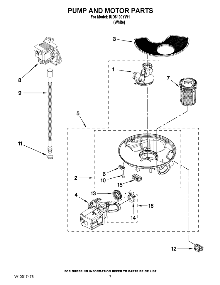PUMP AND MOTOR PARTS Diagram and Parts List for IUD6100YW1  Whirlpool Dishwasher