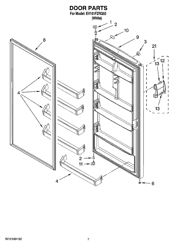 DOOR PARTS, OPTIONAL PARTS (NOT INCLUDED) Diagram and Parts List for EV161FZRQ02  Whirlpool Freezer