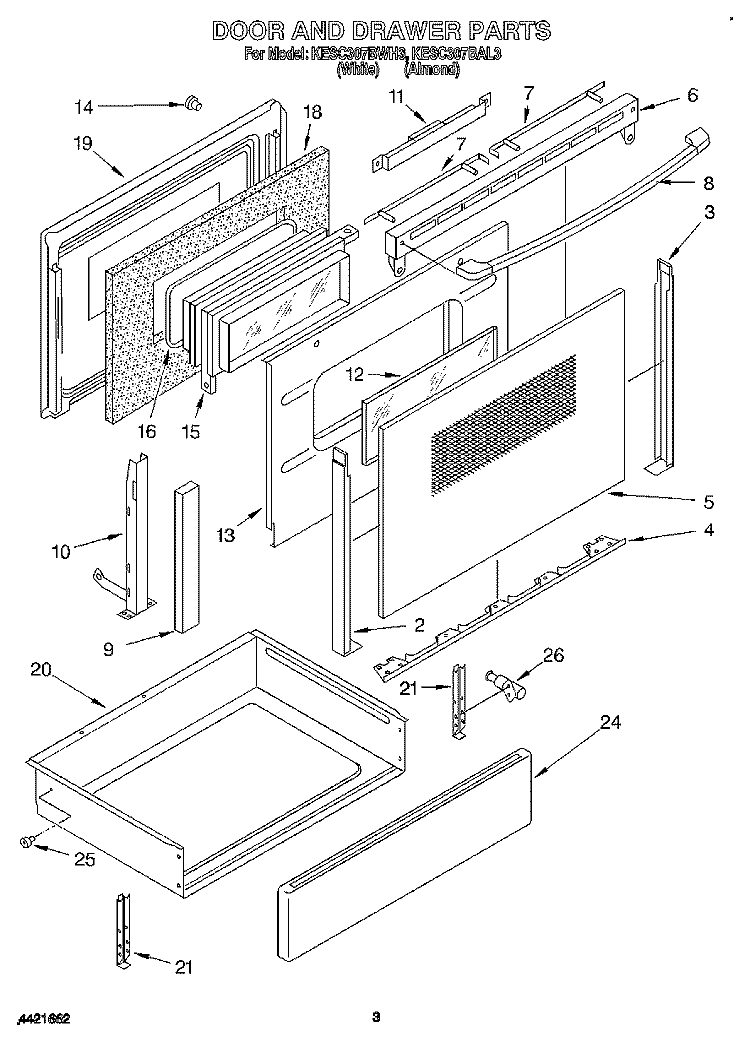 DOOR AND DRAWER Diagram and Parts List for KESC307BWH3  KitchenAid Range