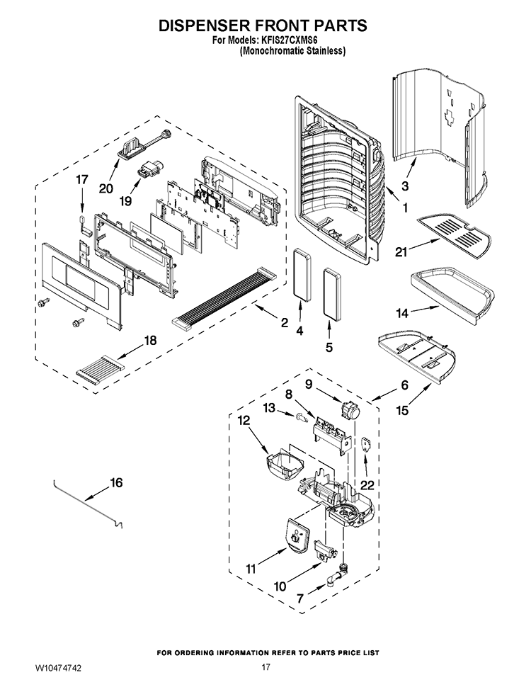 DISPENSER FRONT PARTS Diagram and Parts List for KFIS27CXMS6  KitchenAid Refrigerator