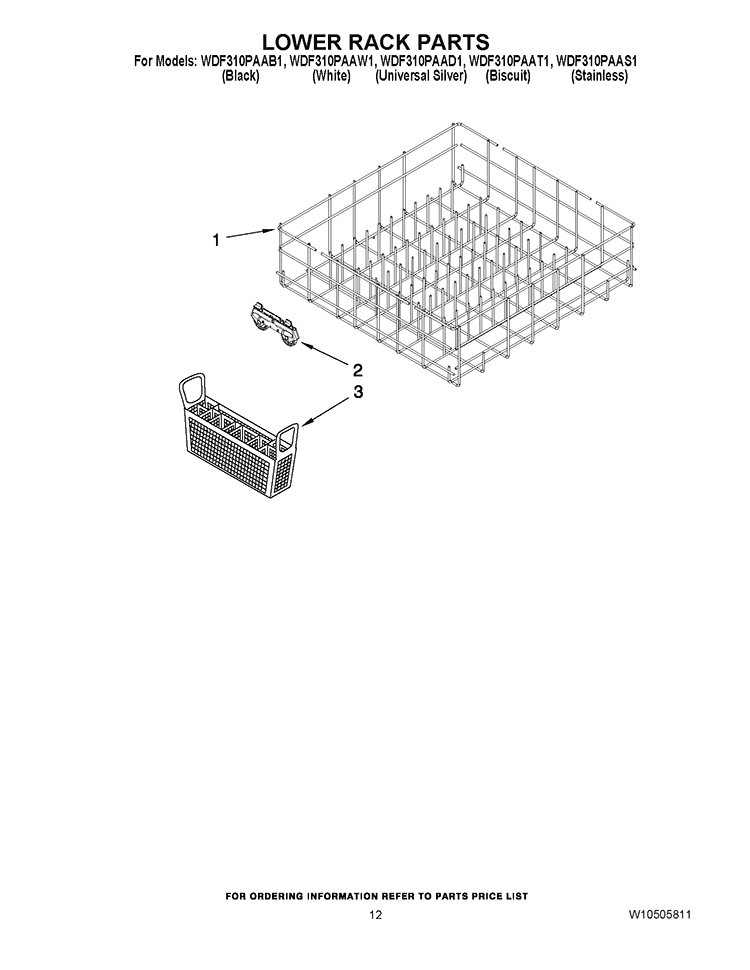 LOWER RACK PARTS Diagram and Parts List for WDF310PAAT1  Whirlpool Dishwasher