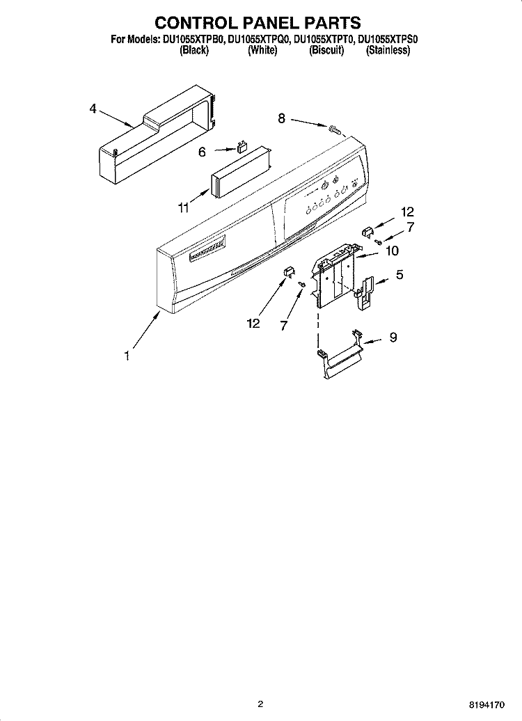 CONTROL PANEL PARTS Diagram and Parts List for DU1055XTPB0  Whirlpool Dishwasher