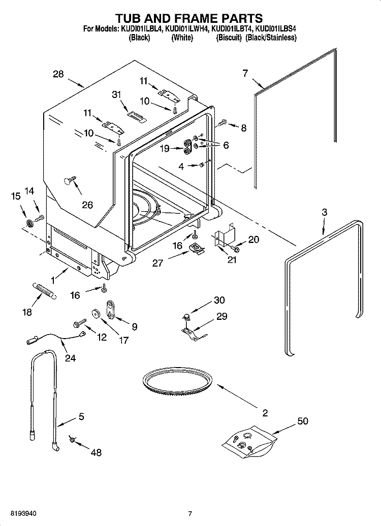 TUB AND FRAME PARTS Diagram and Parts List for KUDI01ILWH4  KitchenAid Dishwasher
