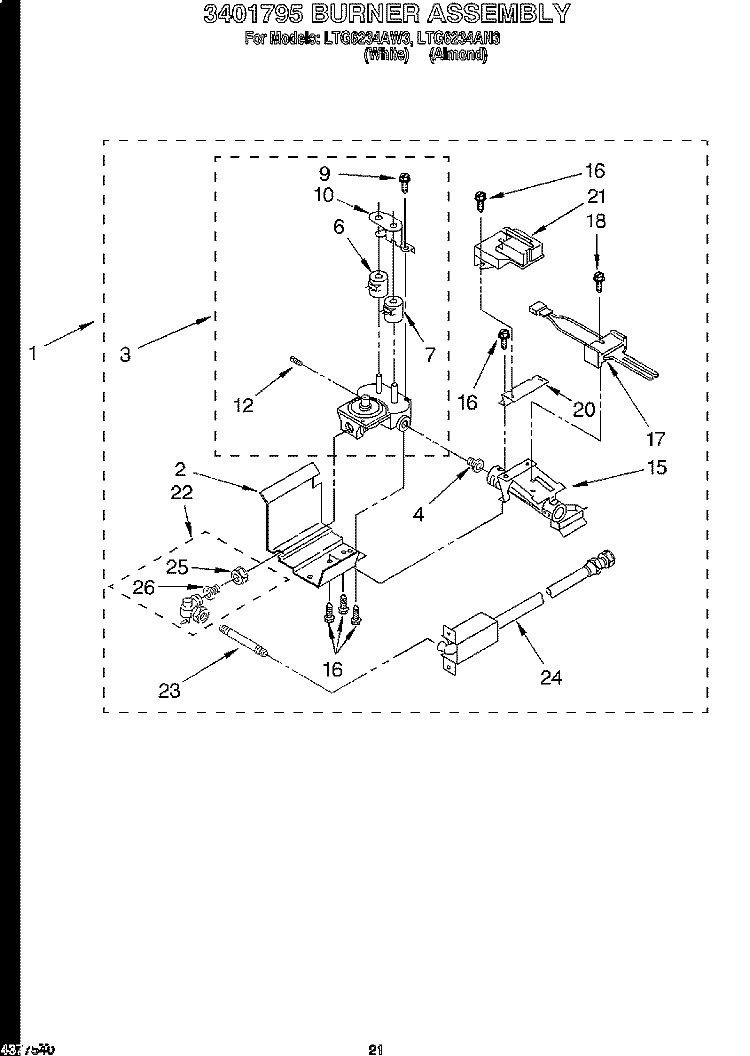3401795 BURNER ASSEMBLY Diagram and Parts List for LTG6234AN3  Whirlpool Washer Dryer Combo