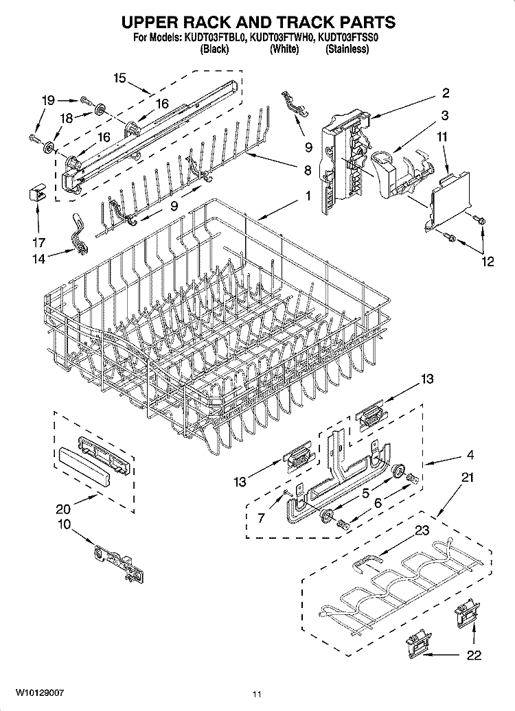 UPPER RACK AND TRACK PARTS Diagram and Parts List for KUDT03FTBL0  KitchenAid Dishwasher
