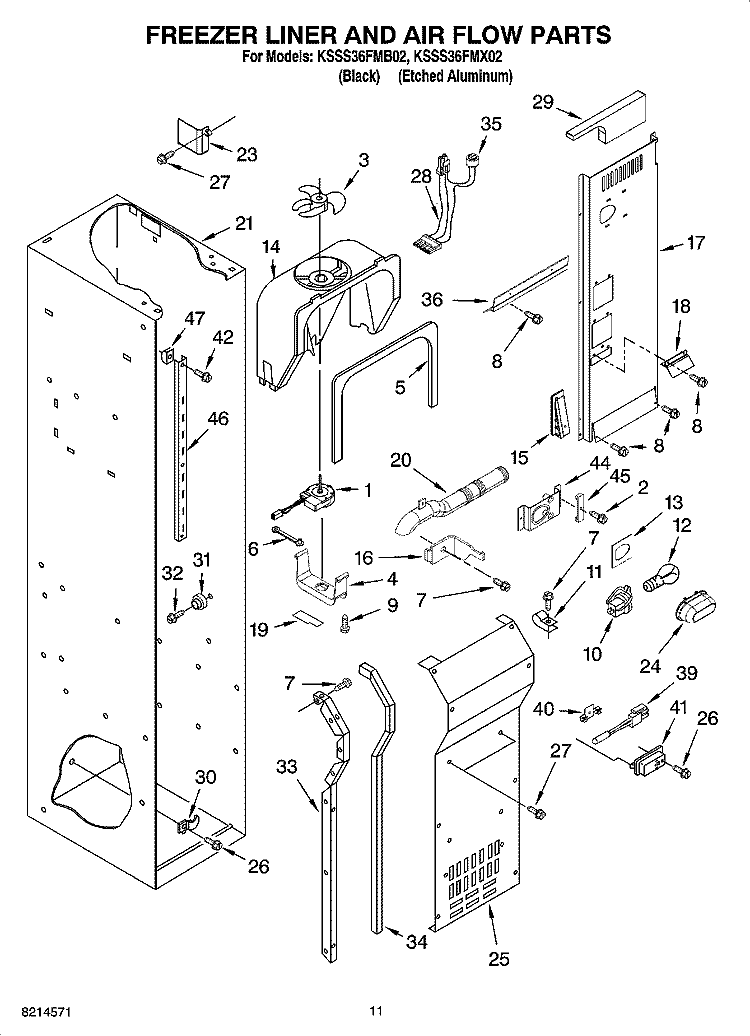 FREEZER LINER AND AIR FLOW PARTS Diagram and Parts List for KSSS36FMX02  KitchenAid Refrigerator