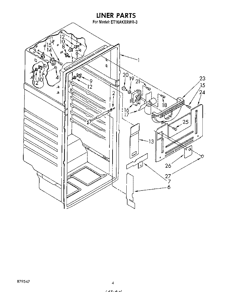 LINER Diagram and Parts List for ET16AKXRWR3  Whirlpool Refrigerator