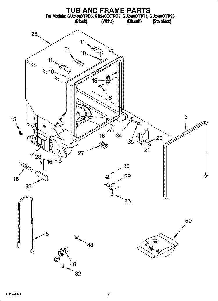 TUB AND FRAME PARTS Diagram and Parts List for GU2400XTPB3  Whirlpool Dishwasher