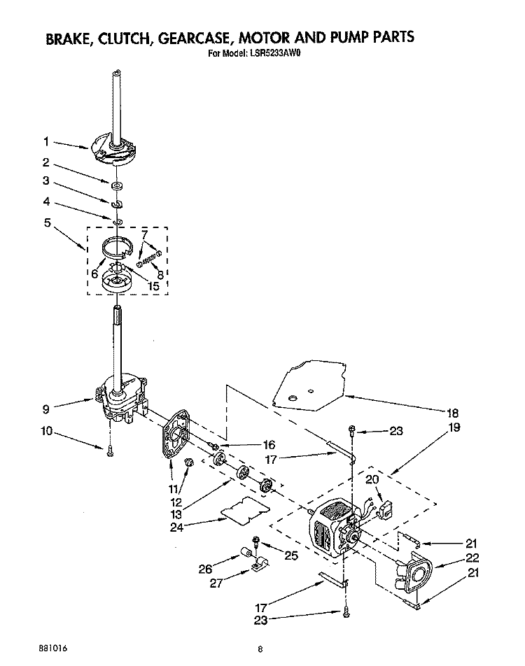 BRAKE, CLUTCH, GEARCASE, MOTOR AND PUMP Diagram and Parts List for LSR5233AN0  Whirlpool Washer