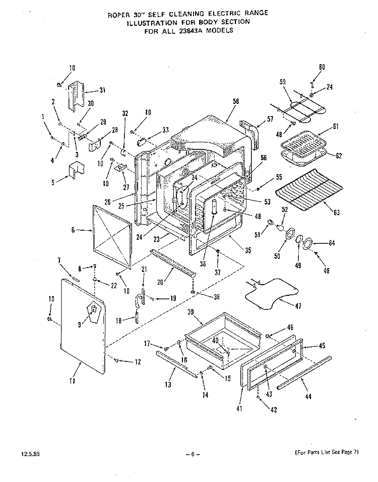 BODY Diagram and Parts List for 2384W3A  Roper Range