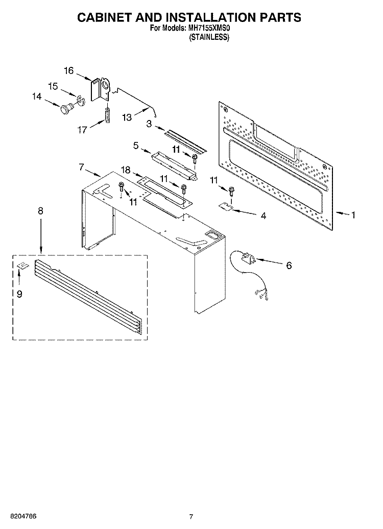 CABINET AND INSTALLATION PARTS Diagram and Parts List for MH7155XMS0  Whirlpool Microwave