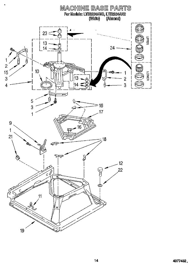 MACHINE BASE Diagram and Parts List for LTE6234AN2  Whirlpool Washer Dryer Combo