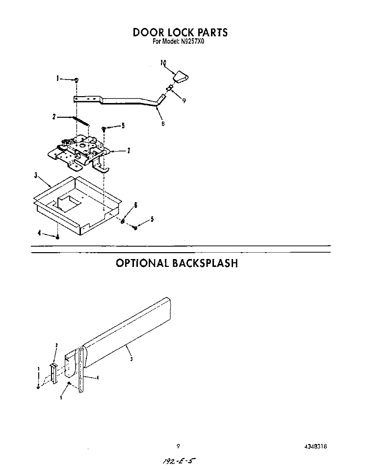 DOOR LOCK , BACKSPLASH Diagram and Parts List for N9257X0  Roper Range
