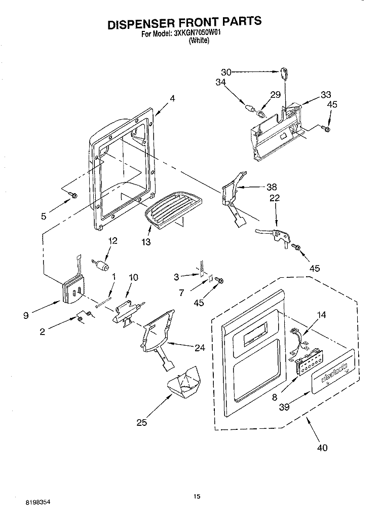 DISPENSER FRONT Diagram and Parts List for 3XKGN7050W01  Whirlpool Refrigerator