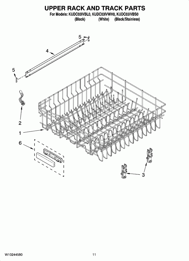 UPPER RACK AND TRACK PARTS Diagram and Parts List for KUDC03IVBL0  KitchenAid Dishwasher