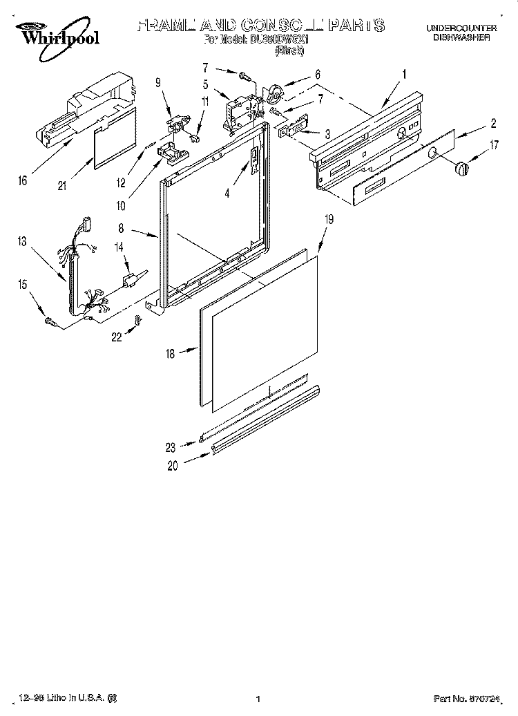 FRAME AND CONSOLE Diagram and Parts List for DU850DWGX1  Whirlpool Dishwasher