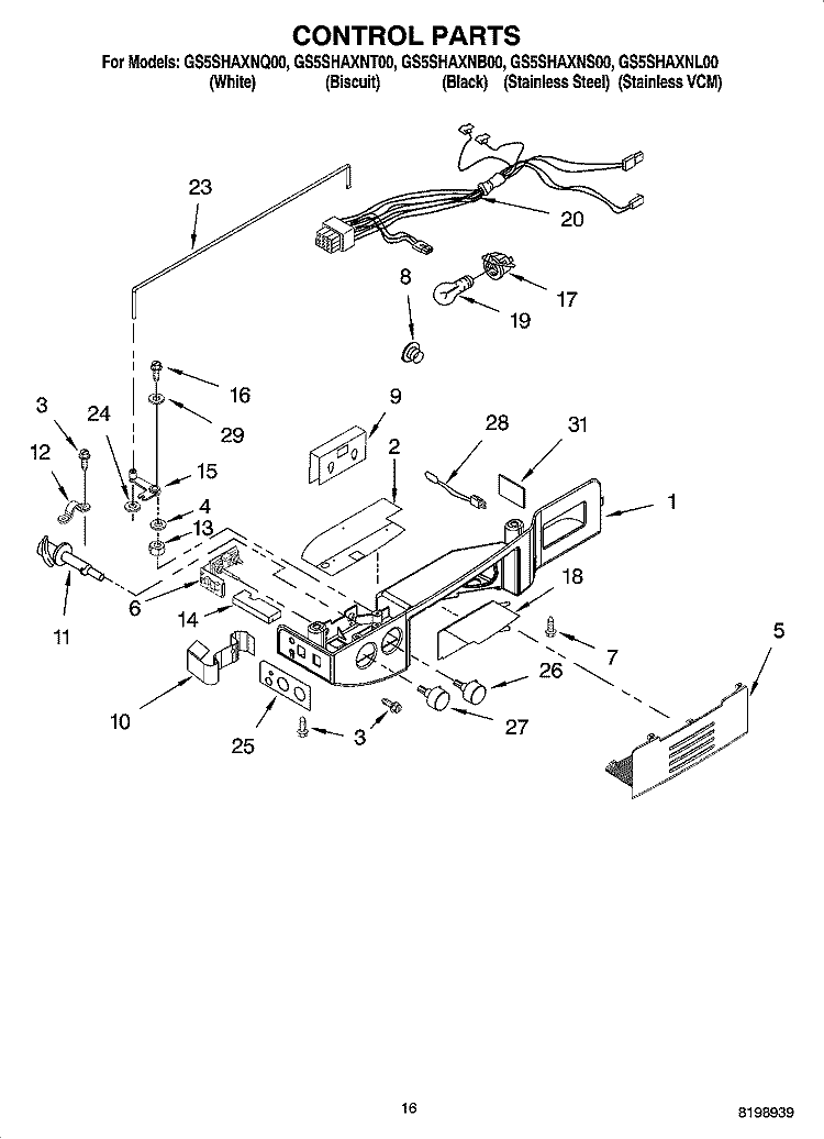 CONTROL PARTS Diagram and Parts List for GS5SHAXNQ00  Whirlpool Refrigerator