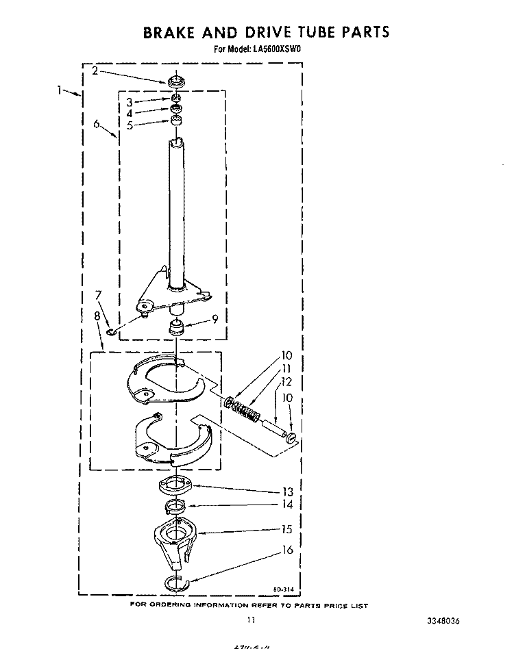 BRAKE AND DRIVE TUBE Diagram and Parts List for LA5600XSW0  Whirlpool Washer