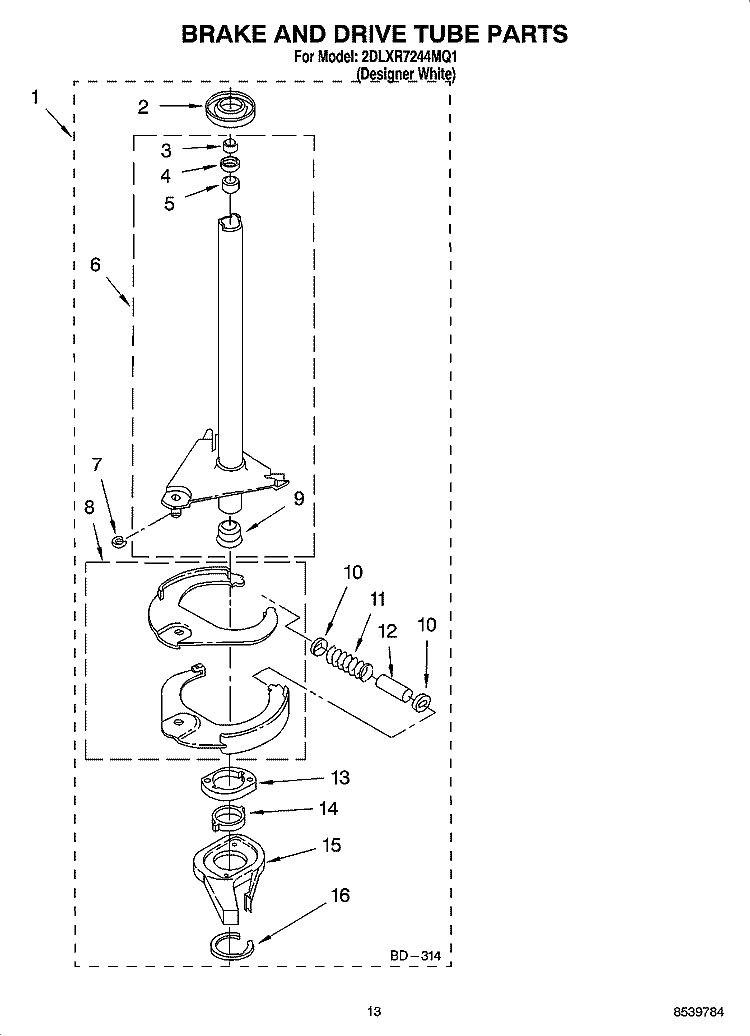 BRAKE AND DRIVE TUBE PARTS Diagram and Parts List for CAW2762KQ1  Whirlpool Washer