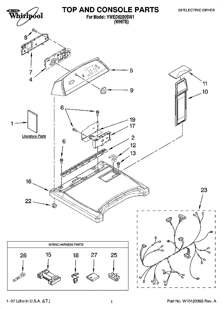 TOP AND CONSOLE PARTS Diagram and Parts List for YWED6200SW1  Whirlpool Dryer