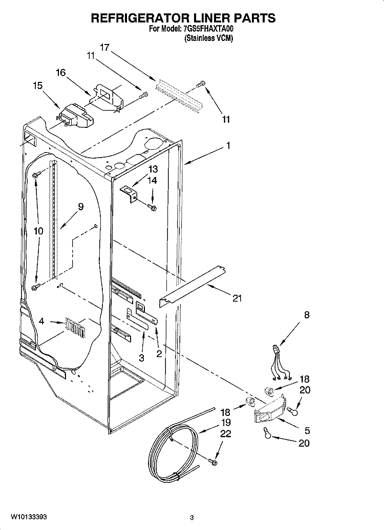 REFRIGERATOR LINER PARTS Diagram and Parts List for 7GS5FHAXTA00  Whirlpool Refrigerator