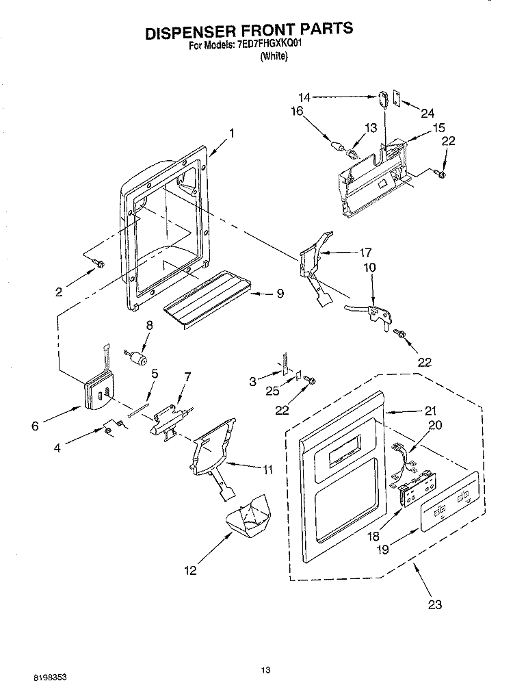 DISPENSER FRONT Diagram and Parts List for 7ED7FHGXKQ01  Whirlpool Refrigerator