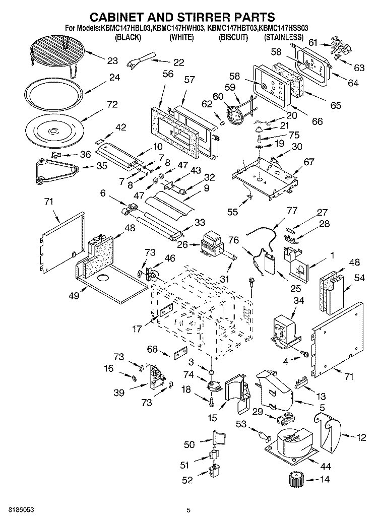 CABINET AND STIRRER PARTS Diagram and Parts List for KBMC147HBL03  KitchenAid Microwave Oven Combo