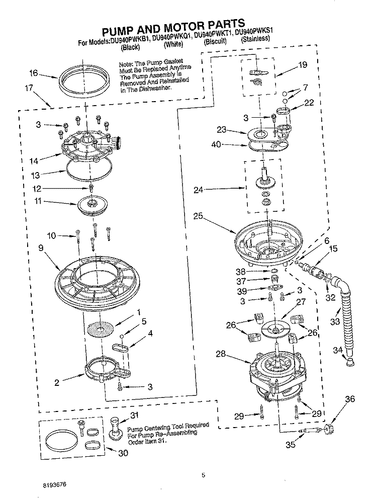 PUMP AND MOTOR Diagram and Parts List for DU940PWKB1  Whirlpool Dishwasher