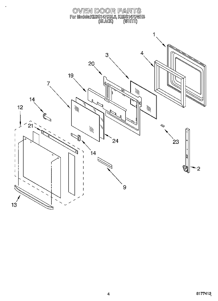 OVEN DOOR Diagram and Parts List for KEBS147DBL8  KitchenAid Wall Oven