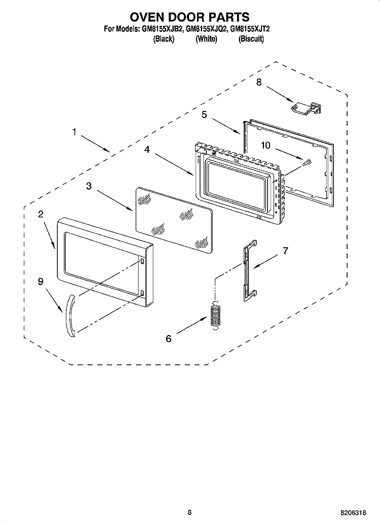 OVEN DOOR PARTS Diagram and Parts List for GM8155XJB2  Whirlpool Microwave