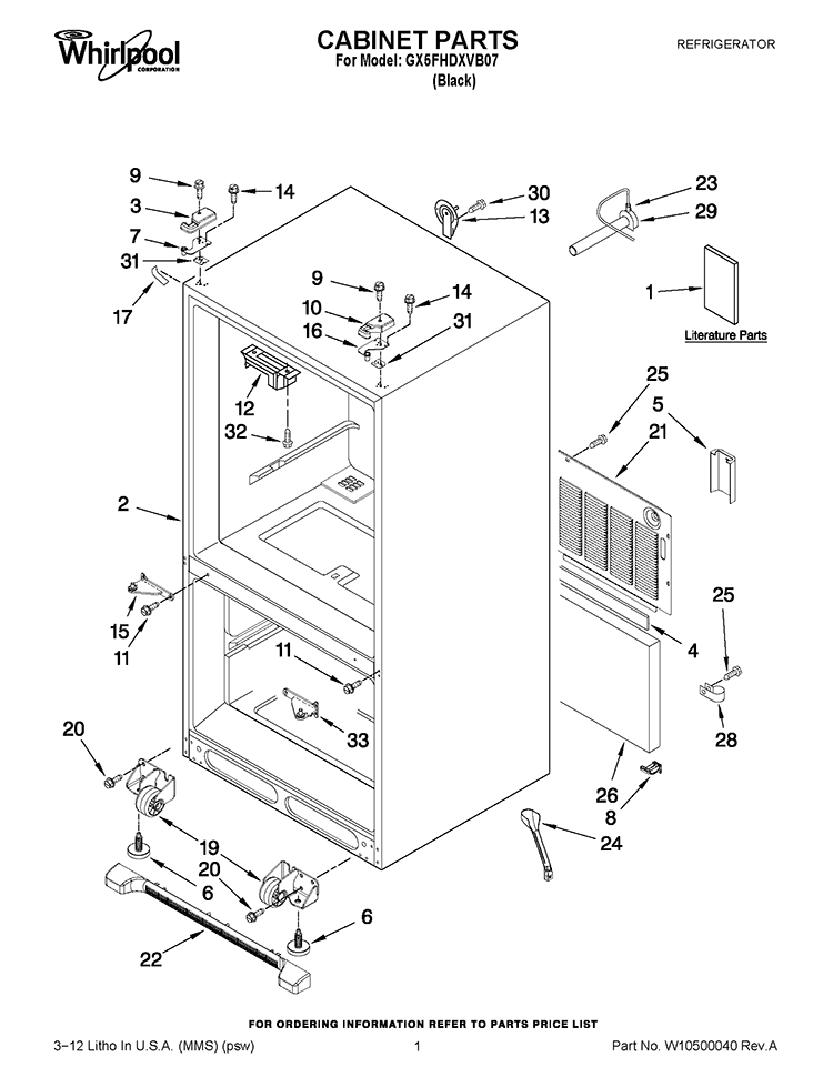 CABINET PARTS Diagram and Parts List for GX5FHDXVB07  Whirlpool Refrigerator