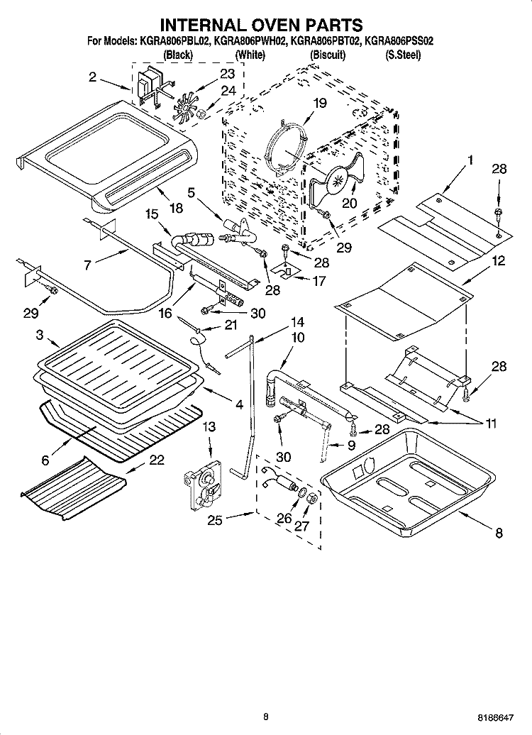 INTERNAL OVEN PARTS Diagram and Parts List for KGRA806PBT02  KitchenAid Range