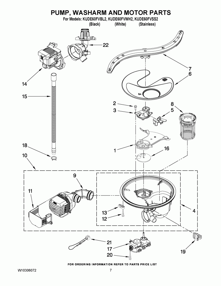 PUMP, WASHARM AND MOTOR PARTS Diagram and Parts List for KUDE60FVSS2  KitchenAid Dishwasher