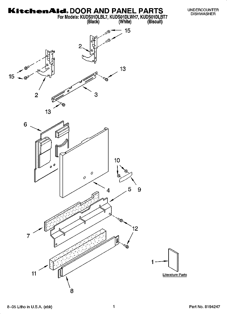 DOOR AND PANEL PARTS Diagram and Parts List for KUDS01DLWH7  KitchenAid Dishwasher