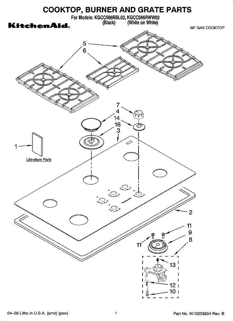 COOKTOP, BURNER AND GRATE PARTS Diagram and Parts List for KGCC566RWW03  KitchenAid Cooktop