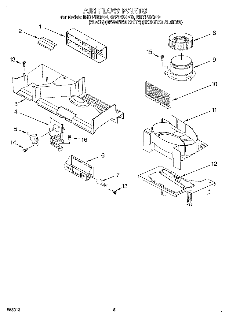 AIR FLOW Diagram and Parts List for MH7140XFZ0  Whirlpool Microwave