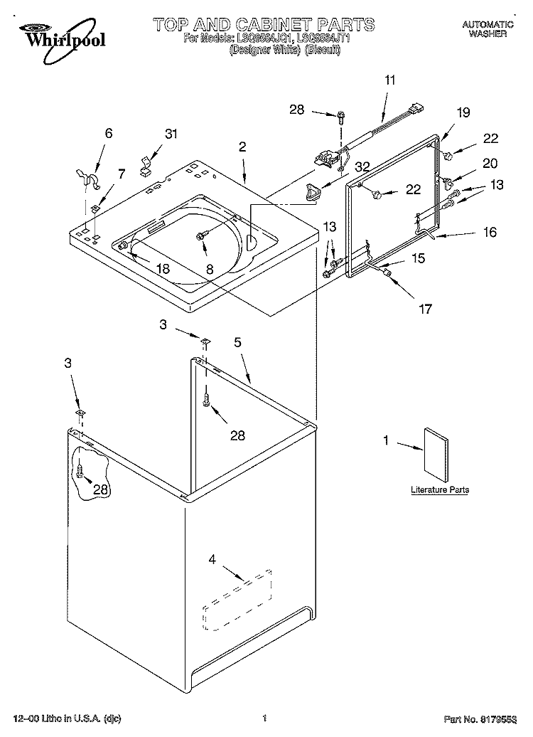 TOP AND CABINET, LITERATURE Diagram and Parts List for LSQ9564JT1  Whirlpool Washer