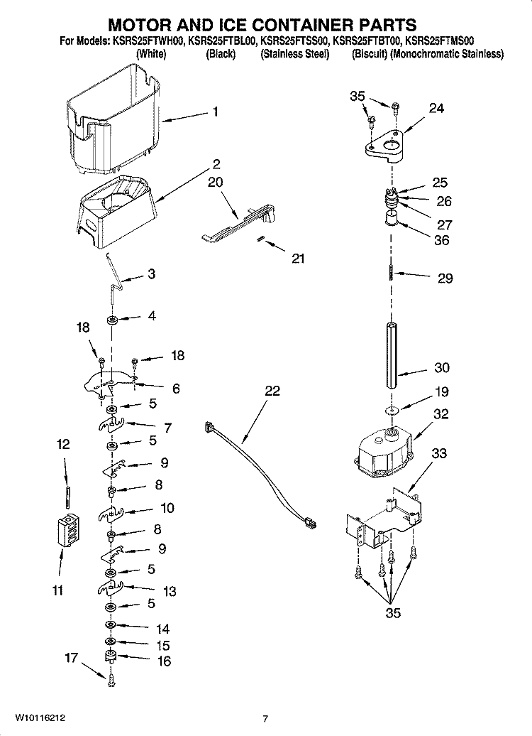 MOTOR AND ICE CONTAINER PARTS Diagram and Parts List for KSRS25FTBT00  KitchenAid Refrigerator