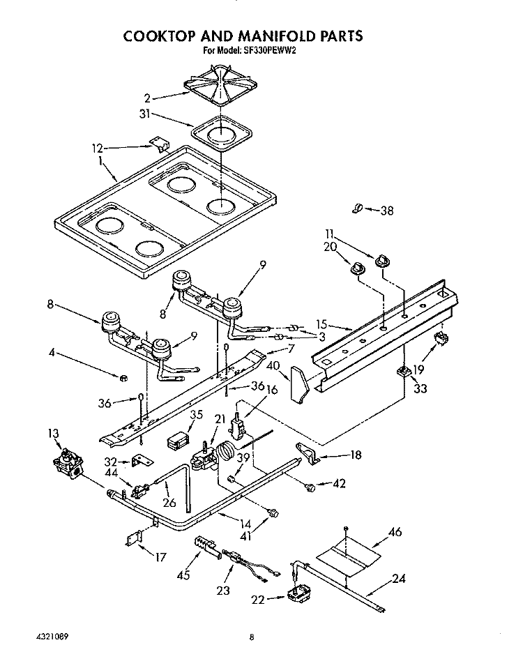 COOKTOP AND MANIFOLD, LITERATURE Diagram and Parts List for SF330PEWW2  Whirlpool Range