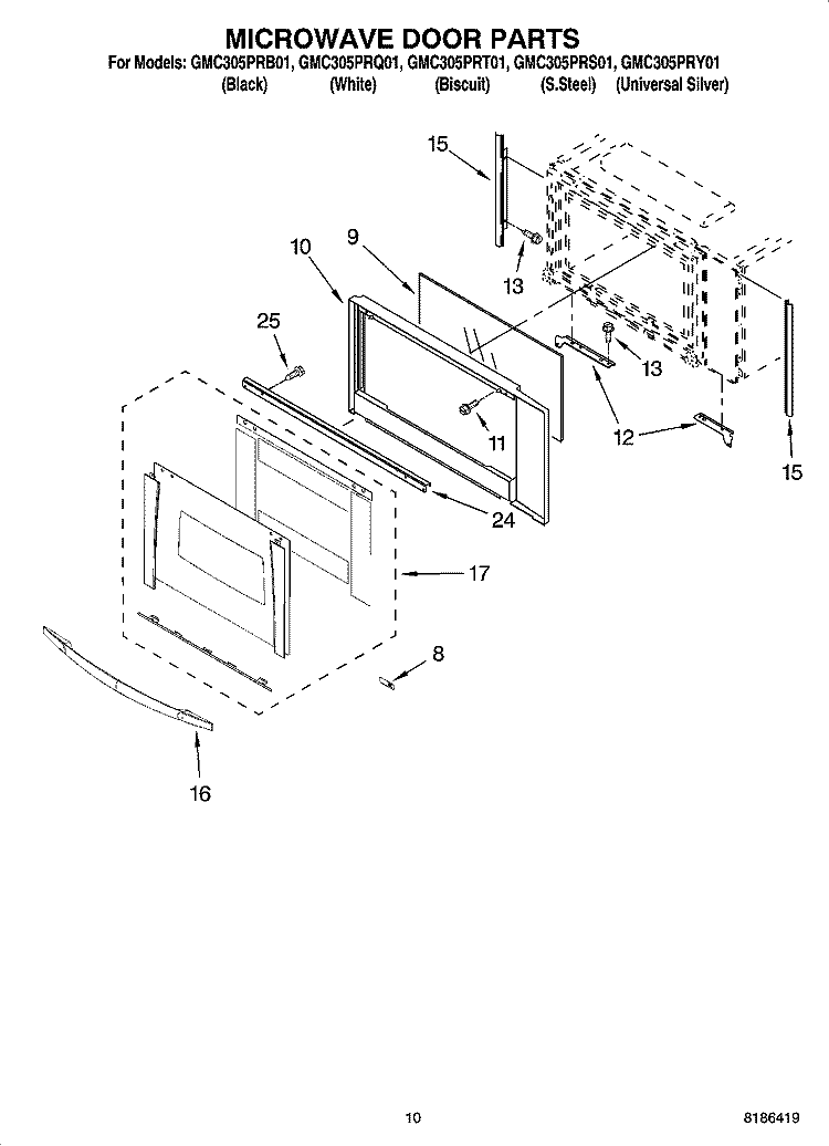 MICROWAVE DOOR PARTS Diagram and Parts List for GMC305PRS01  Whirlpool Microwave Oven Combo