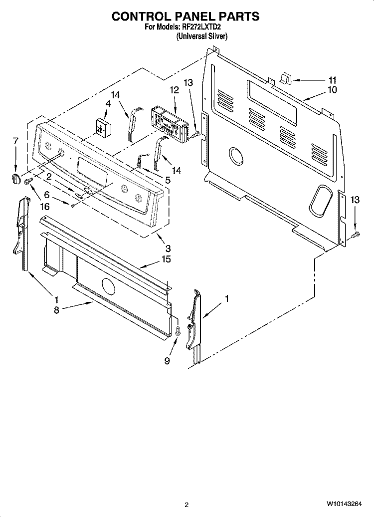CONTROL PANEL PARTS Diagram and Parts List for RF272LXTD2  Whirlpool Range