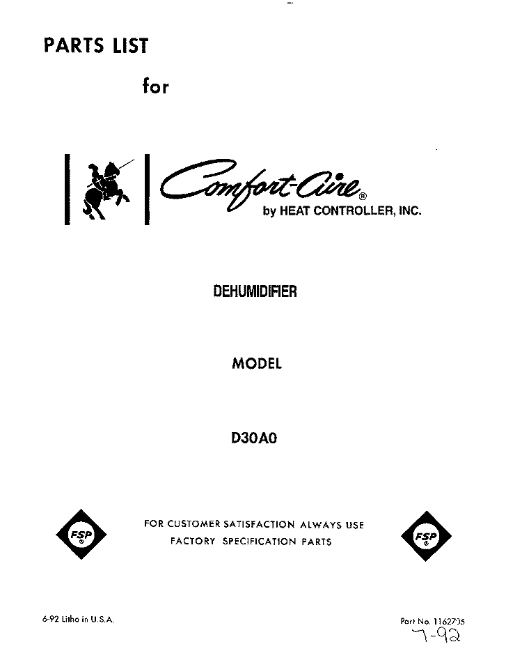 SECTION Diagram and Parts List for D30A0  Whirlpool Dehumidifier