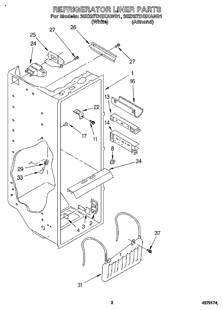 REFRIGERATOR LINER Diagram and Parts List for 3ED27DQXAW01  Whirlpool Refrigerator